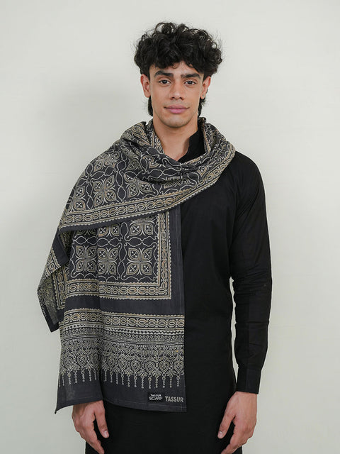 Mashal Ajrak Scarf - Grey (For Him)