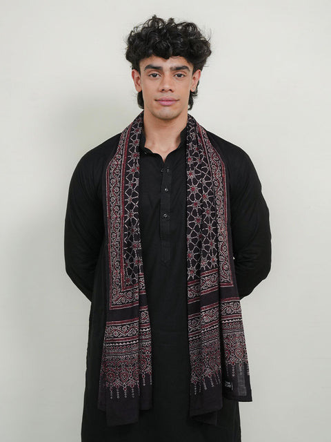 Raga Ajrak Scarf - Black & Burgandy (For Him)