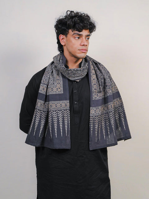 Mauj Ajrak Scarf - Grey (For Him)