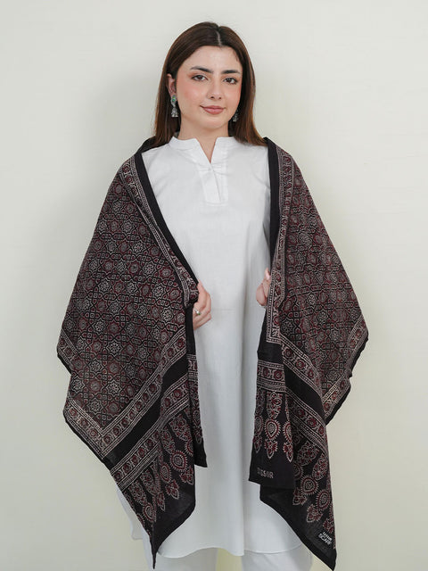 Huda Ajrak Scarf - Black & Burgandy