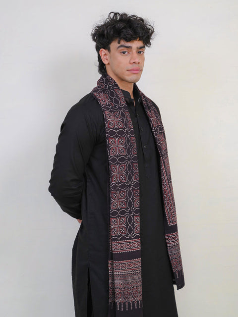Mashal Ajrak Scarf - Black & Burgandy (For Him)