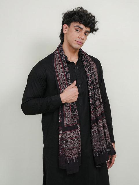 Raga Ajrak Scarf - Black & Burgandy (For Him)