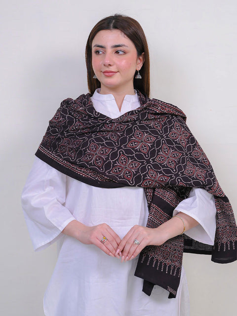 Mashal Ajrak Scarf - Black & Burgandy