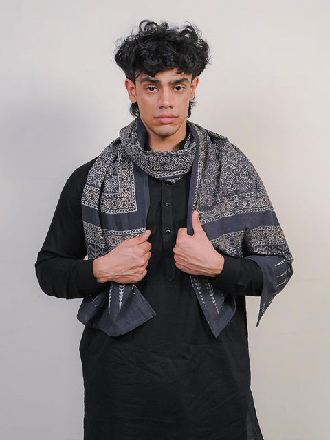 Mauj Ajrak Scarf - Grey (For Him)