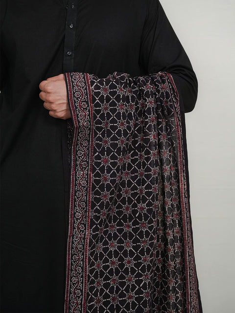 Raga Ajrak Scarf - Black & Burgandy (For Him)