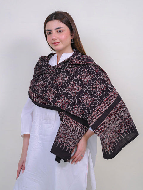 Mashal Ajrak Scarf - Black & Burgandy