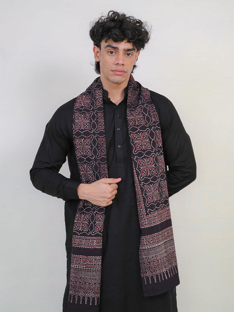Mashal Ajrak Scarf - Black & Burgandy (For Him)