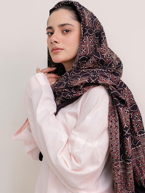 Mashal Ajrak Hijab - Black & Burgandy