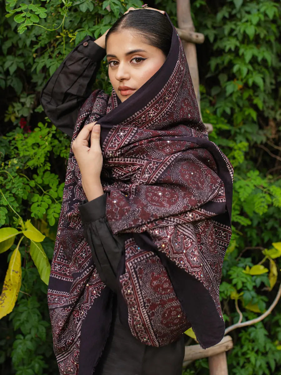 Parvaneh Ajrak Chaadar - Black & Burgandy– TASSUR