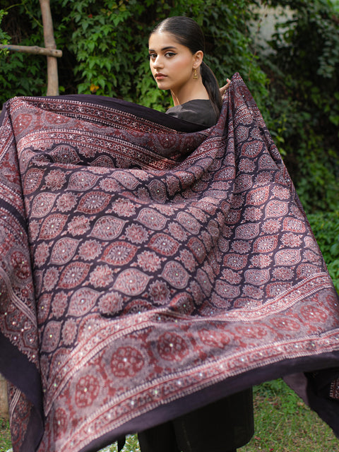 Parvaneh Ajrak Chaadar - Black & Burgandy