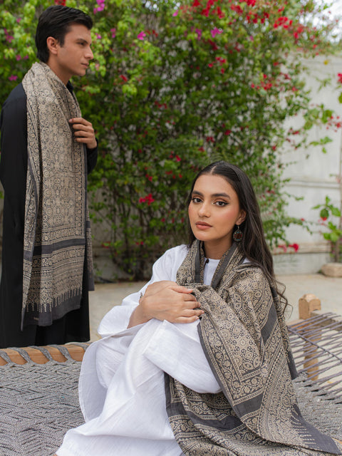 Qasr Ajrak Scarf - Grey